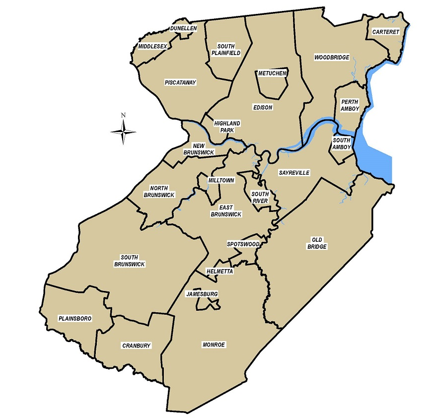 Map of Middlesex County New Jersey depicting the location of each municipality.