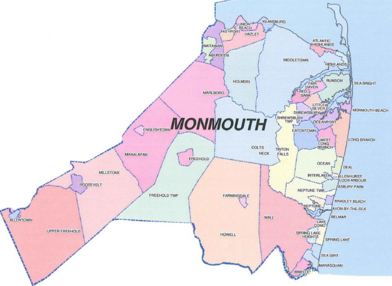 Map of Monmouth County that delineates the location of every municipality. 