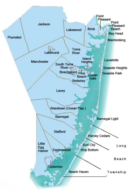 Map of Ocean County depicting all municipalities.