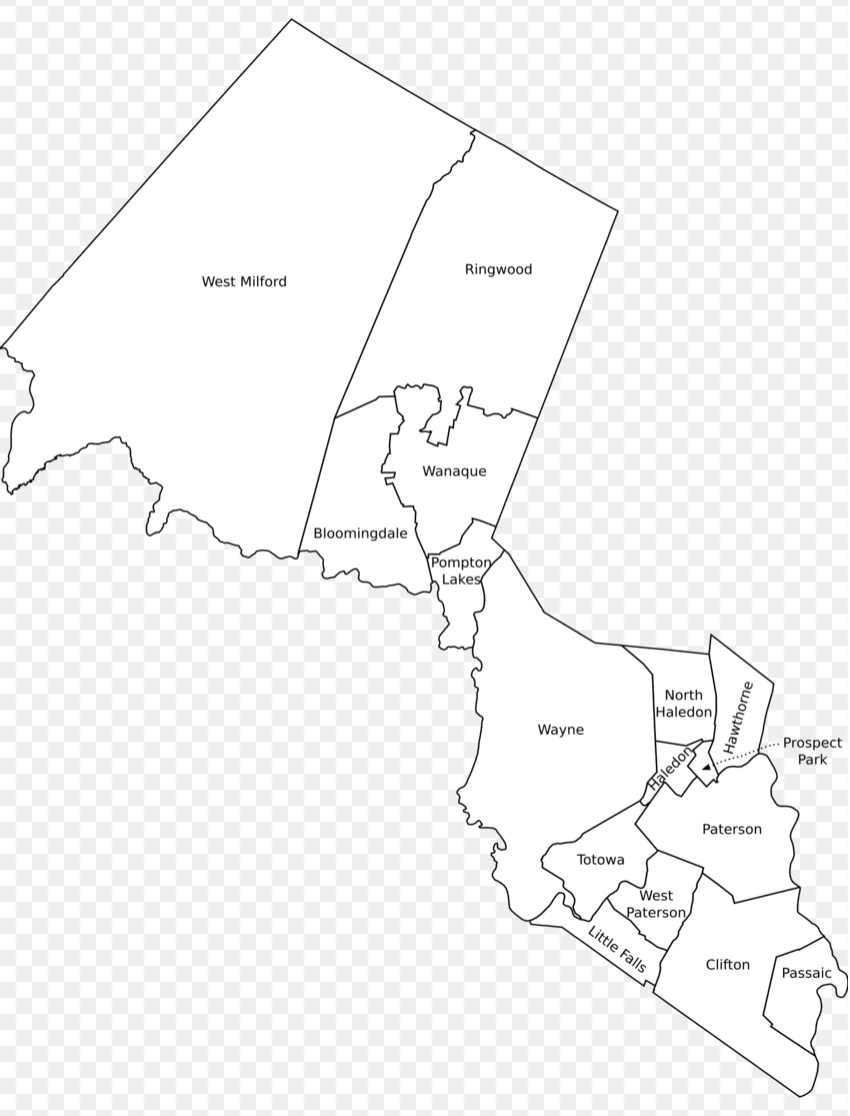 Map of Passaic County depicting the location of the municipalities of Paterson, Wayne, Clifton, Hawthorne, West Milford, Totowa, Haledon, Passaic, Little Falls, West Paterson, North Haledon, Pompton Lakes, Wanaque, Ringwood and Bloomingdale.